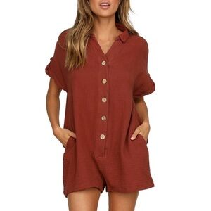 Rust Button-Up Romper Cotton Gauze